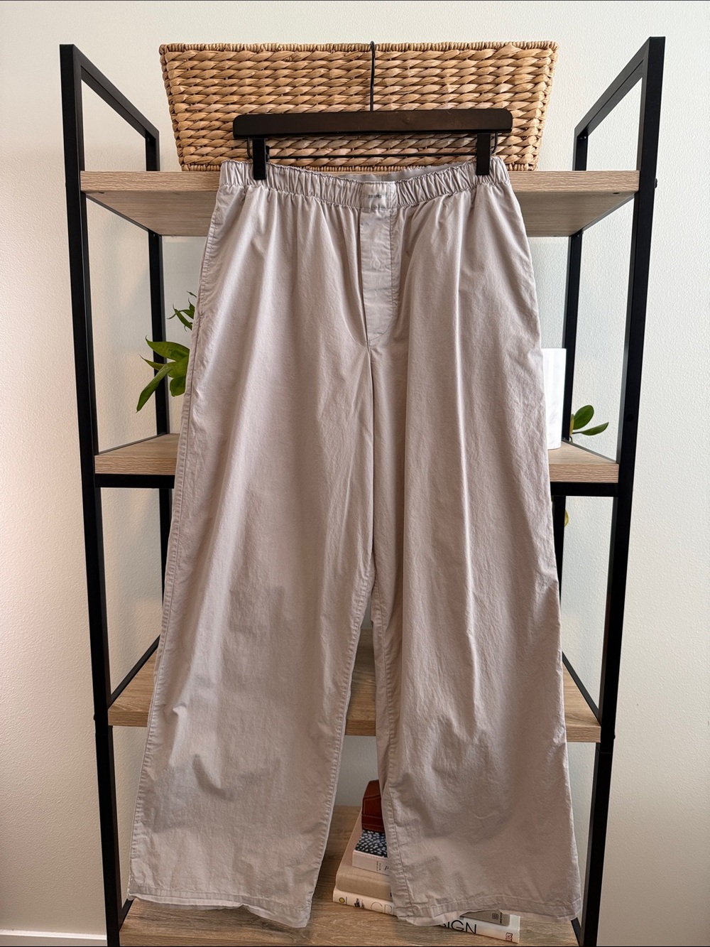 Skims Poplin High-Rise Gray Sleep Elastic Waistband Boxer-Style Pants Pockets L